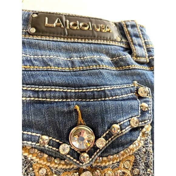 L.A. idol USA Womens Jrs Jean Rhinestone Studded Stretch Bermuda  Shorts Size 9 - Picture 10 of 11